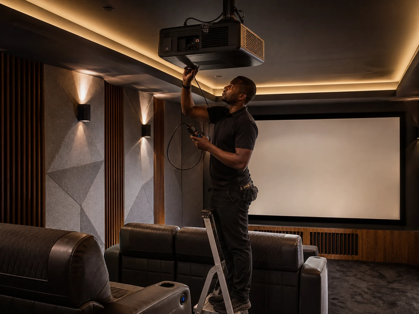 Ujax engineer commissioning a luxury residential home cinema
