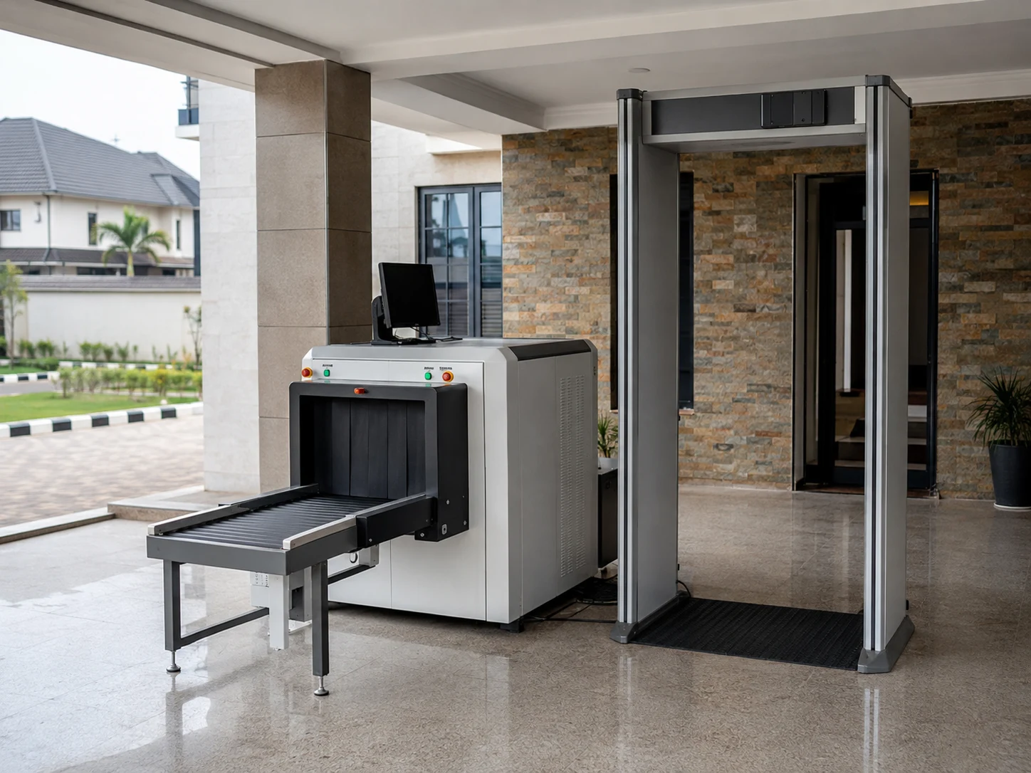 Hotel entrance with baggage scanner and walk-through metal detector