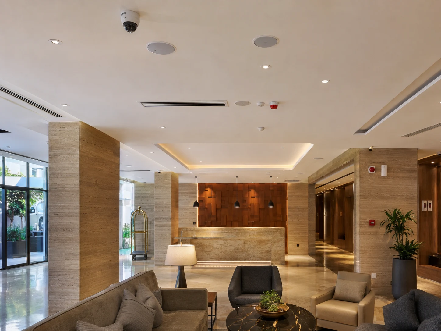 Large hotel lobby with integrated extra-low-voltage infrastructure