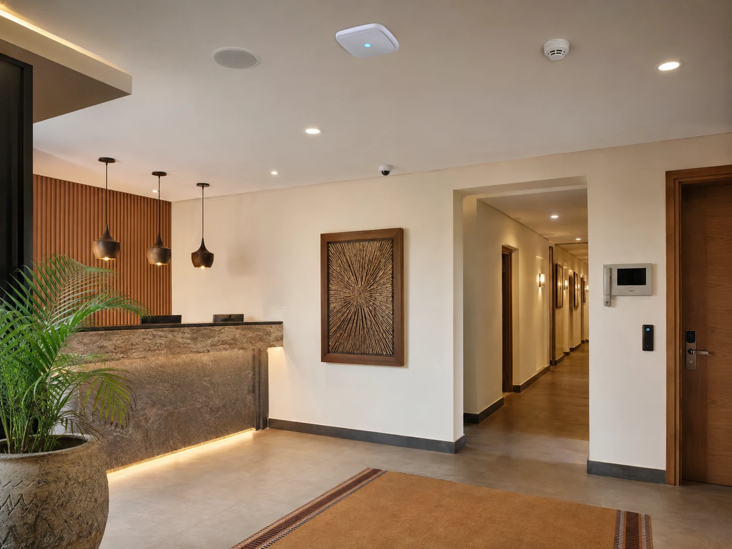 Hotel room with smart access, motorised curtains and guest technology